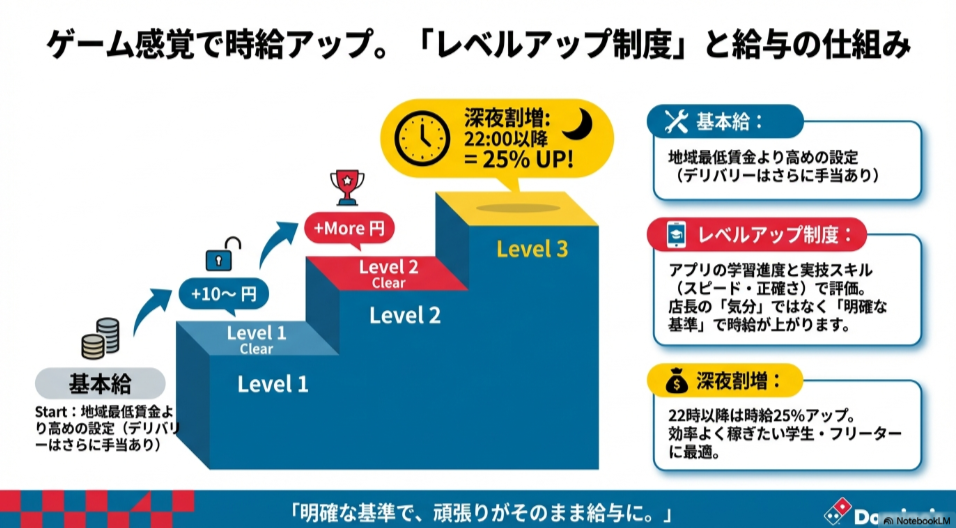 レベル1からレベル3へとステップアップすることで時給が上がる仕組みと、22時以降の深夜割増（25%UP）を示した図