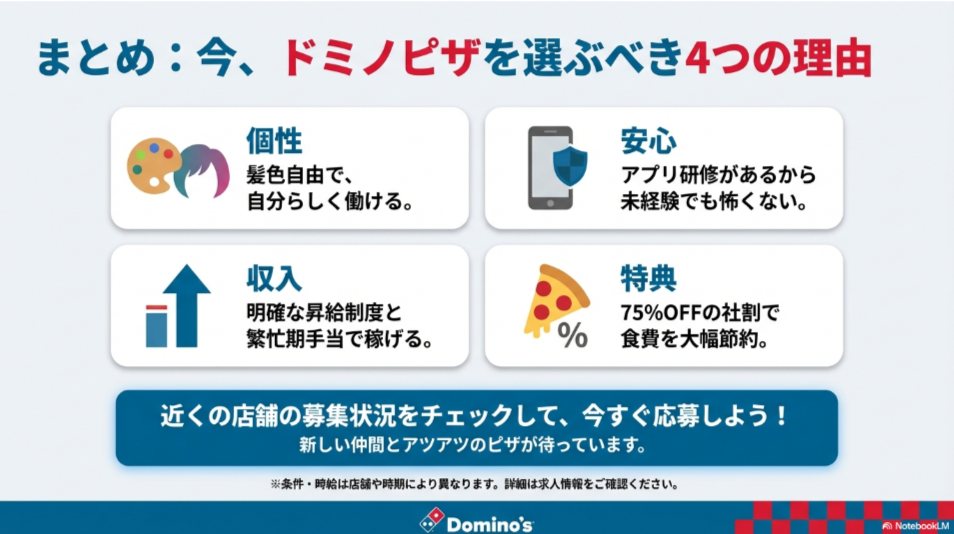 個性（髪色自由）、収入（昇給制度）、安心（研修）、特典（社割）の4つのメリットをまとめたイラスト