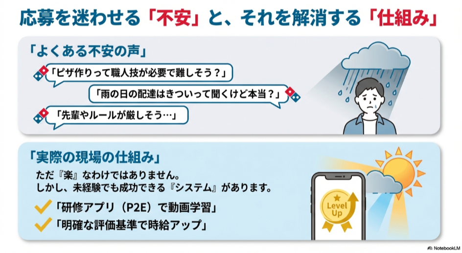 雨の日の配達やピザ作りの難しさといった不安要素と、それを解決する動画研修アプリや評価制度の対比図