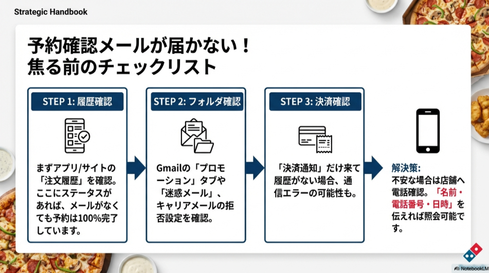 メールが届かない場合の対処法3ステップ。履歴確認、迷惑メールフォルダの確認、店舗への電話確認フローチャート。