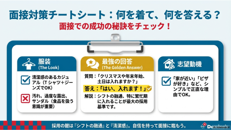 面接に適した服装（清潔感のあるカジュアル）と、シフト希望に関する質問へのベストな回答例をまとめたシート