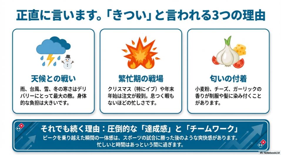 ドミノピザのバイトで大変な点である「悪天候」「繁忙期の忙しさ」「匂いの付着」を表したイラスト