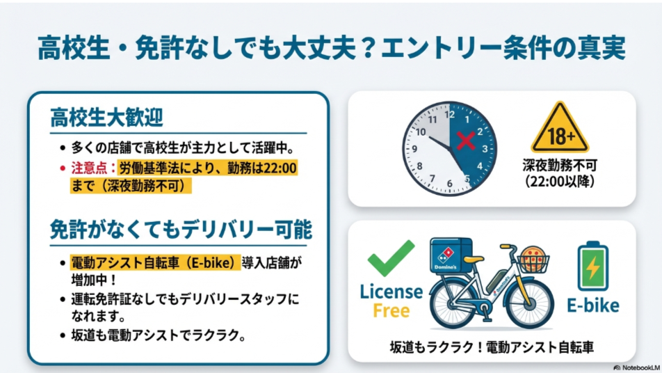 多くの店舗で高校生が活躍中であることと、免許不要の電動アシスト自転車（E-bike）でデリバリーができることを示す図