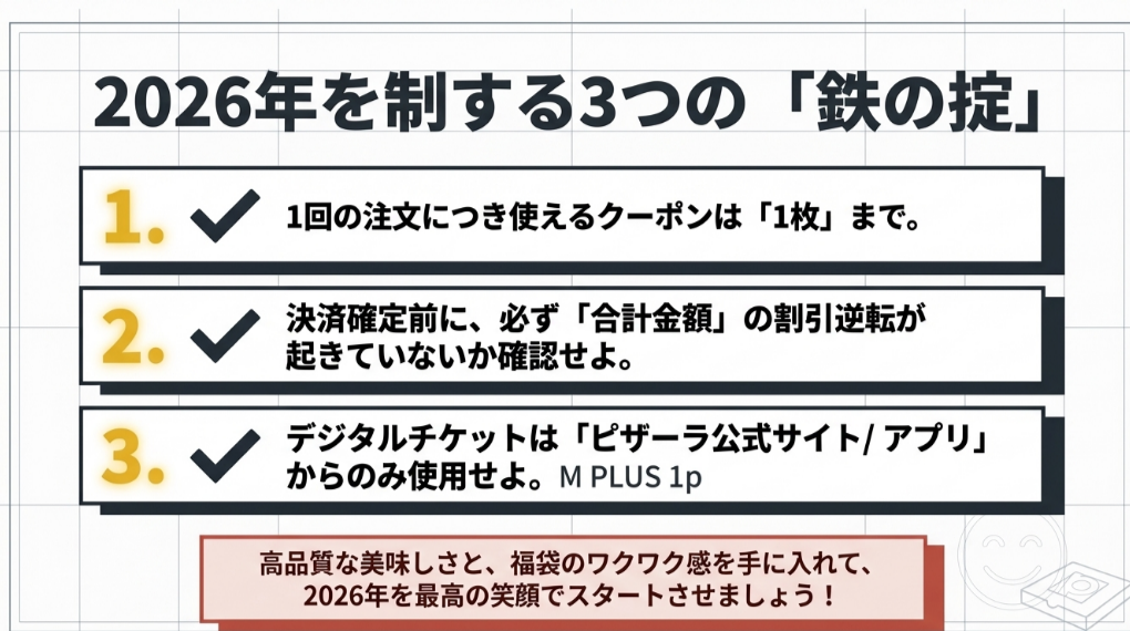 クーポンは1枚まで、合計金額の逆転確認、公式サイト/アプリからの注文という、2026年を制するための3つの鉄則をまとめた最終スライド。