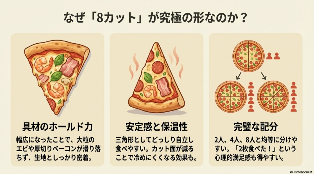 具材がたっぷり載ったピザのイラスト。具材の保持力向上、冷めにくさ、人数で分けやすい配分の良さについての説明。