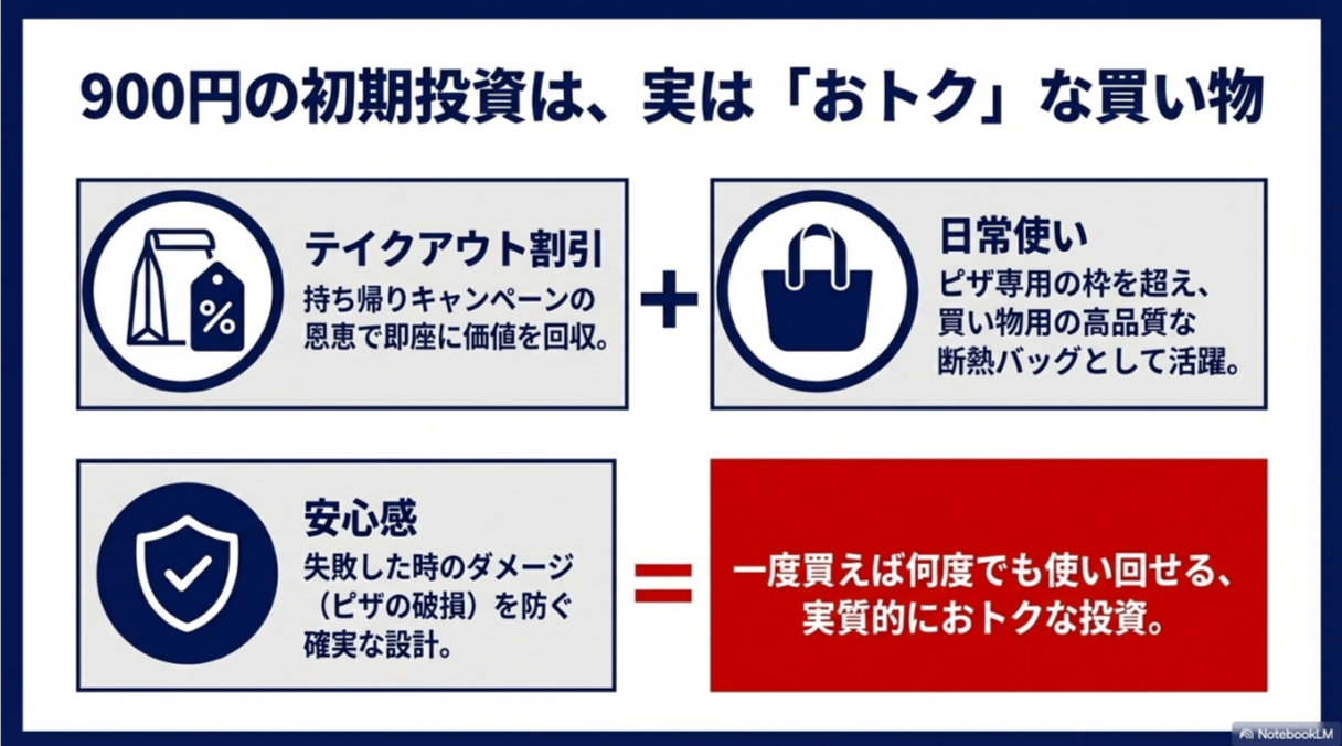 テイクアウト割引で即座に価値を回収できること、日常の買い物バッグとして活躍すること、ピザの破損を防ぐ安心感を説明するアイコン付きスライド。