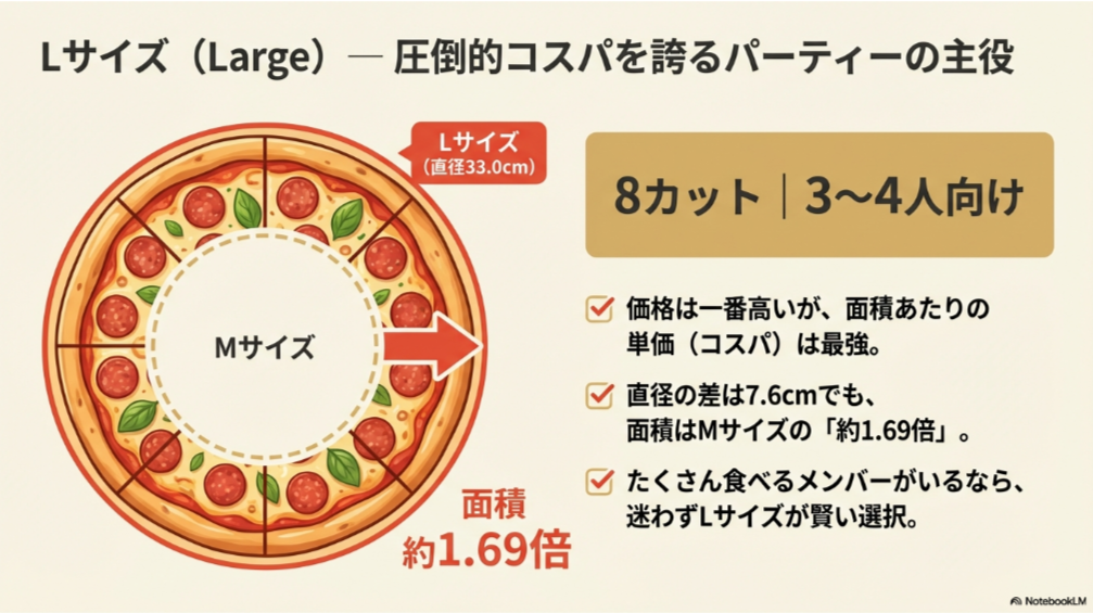 Lサイズ(直径33.0cm)の中にMサイズを重ねた比較図。面積が約1.69倍であることと、面積あたりの単価が最強であるという解説。