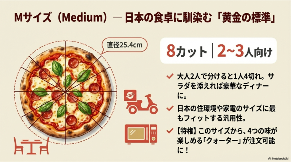 直径25.4cmのピザのイラスト。8カット、2〜3人向けという表記と、デリバリーバイクや電子レンジのアイコン。