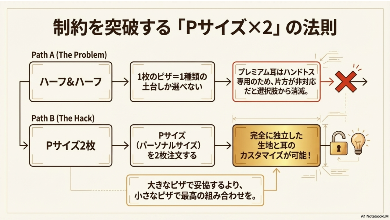 ハーフ&ハーフの制約を回避するために、Pサイズを2枚頼んで自由に耳をカスタムするハックの紹介。