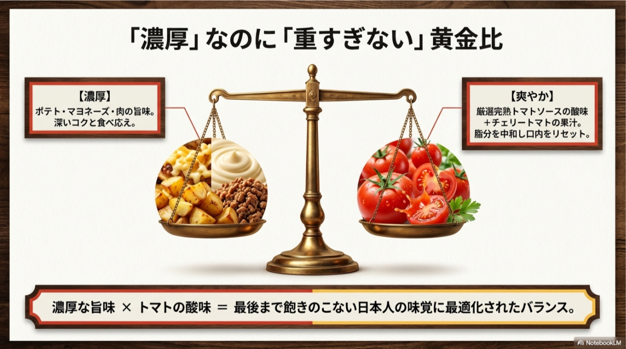 天秤の左側にポテトと肉の濃厚な旨味、右側に完熟トマトの爽やかさを配置し、最後まで飽きない味のバランスを表現したイメージ図。