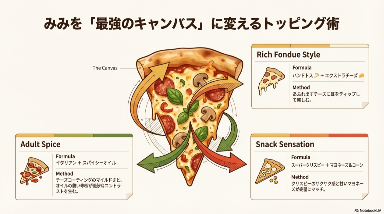 ハンドトス+チーズ、イタリアン+オイルなどのトッピング掛け合わせレシピの紹介。