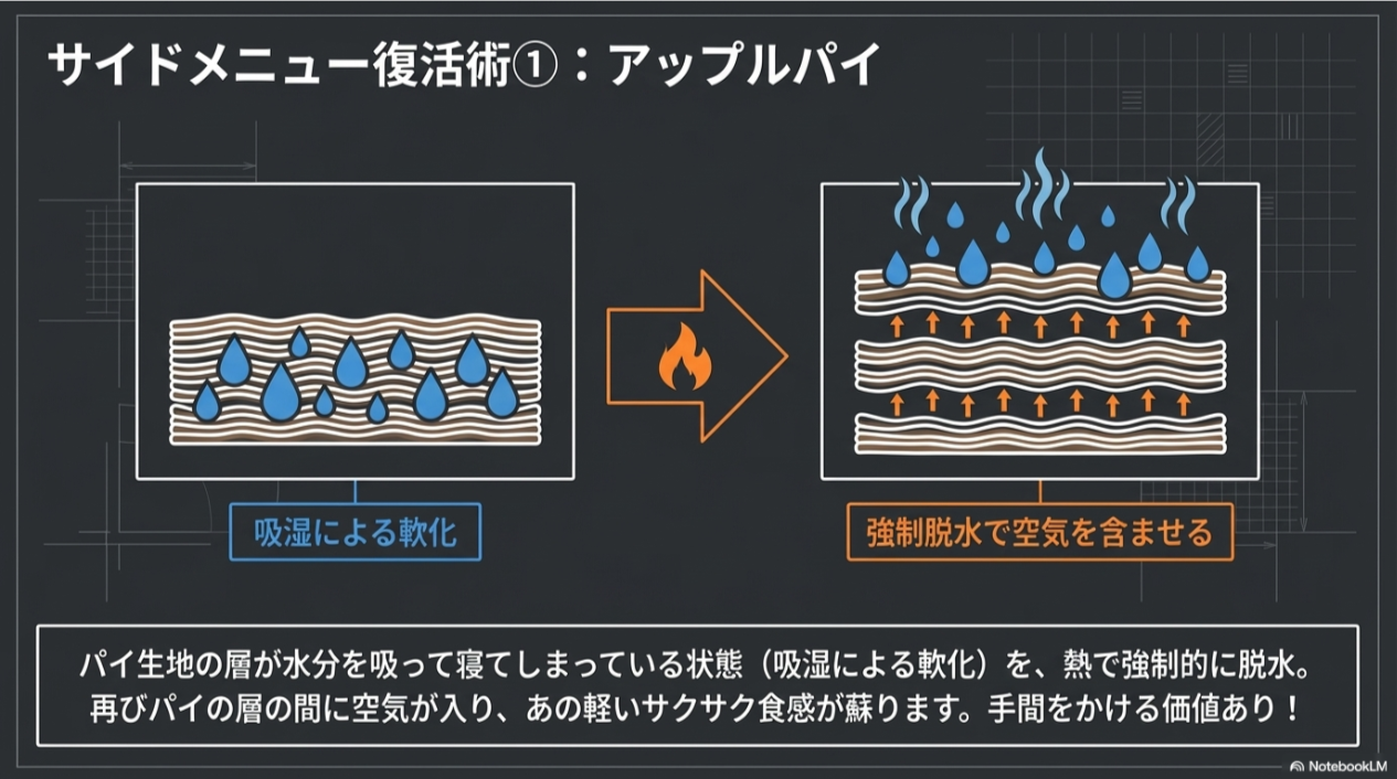 吸湿して寝てしまったパイ生地の層を、熱で強制的に脱水して空気を含ませ、軽い食感を蘇らせる仕組みの図解。