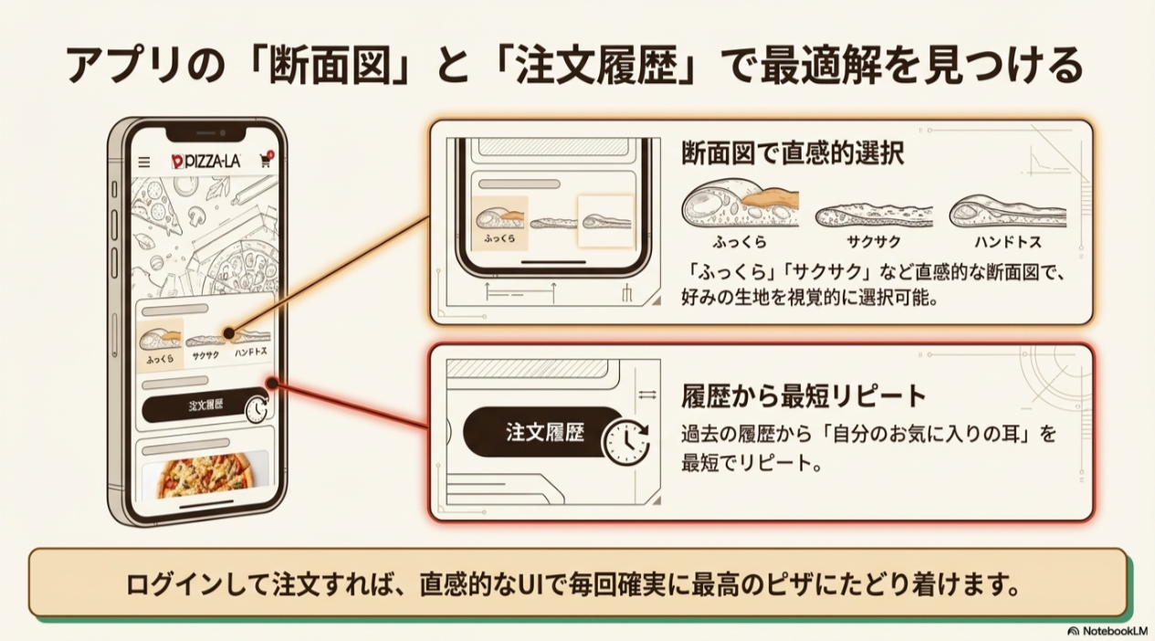 断面図で生地を選べる画面や、注文履歴からリピートできるスマホアプリの操作画面イメージ。