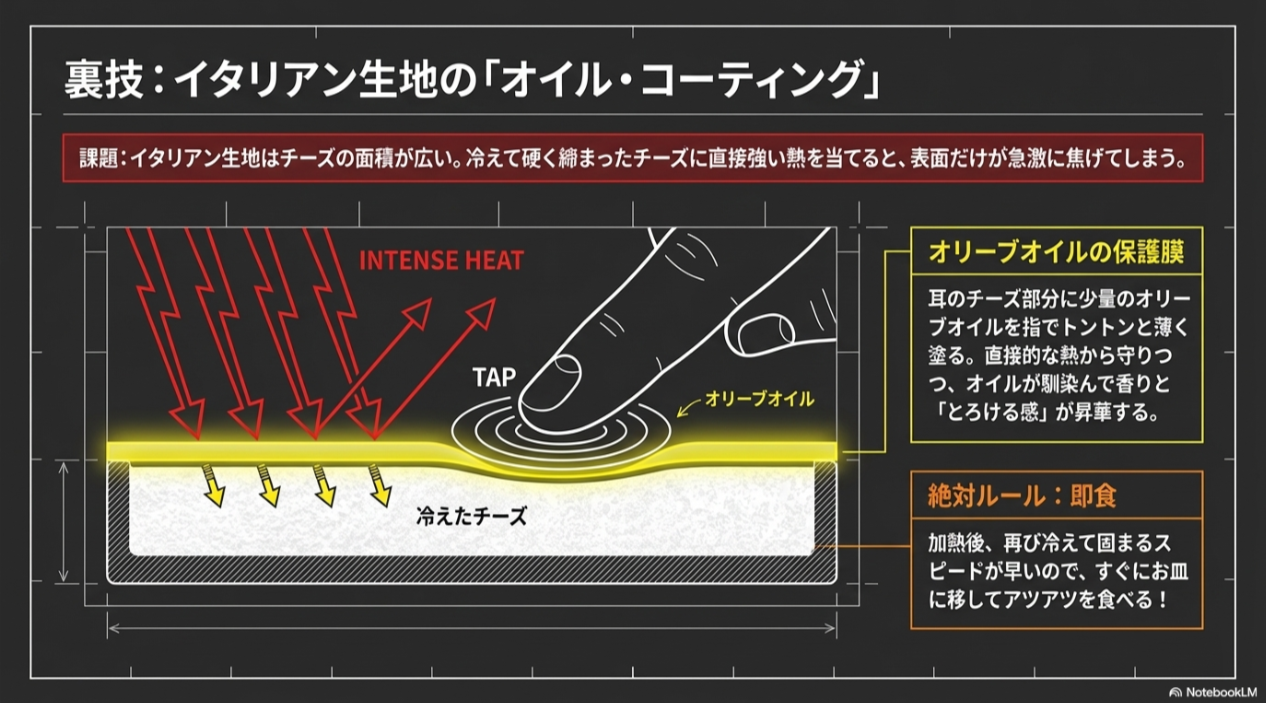 チーズが広いイタリアン生地の耳にオリーブオイルを塗り、熱の保護膜を作ることで乾燥を防ぎ香りを高めるテクニックの解説。