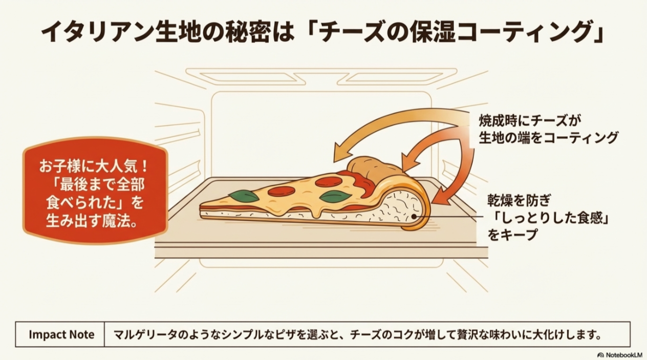 チーズが生地の端をコーティングし、しっとり食感をキープする仕組みを解説したスライド。