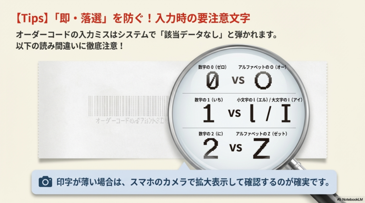 0（ゼロ）とO（オー）、1（いち）とl（エル）、2（に）とZ（ゼット）など、レシート印字で判別しにくい文字の比較解説。