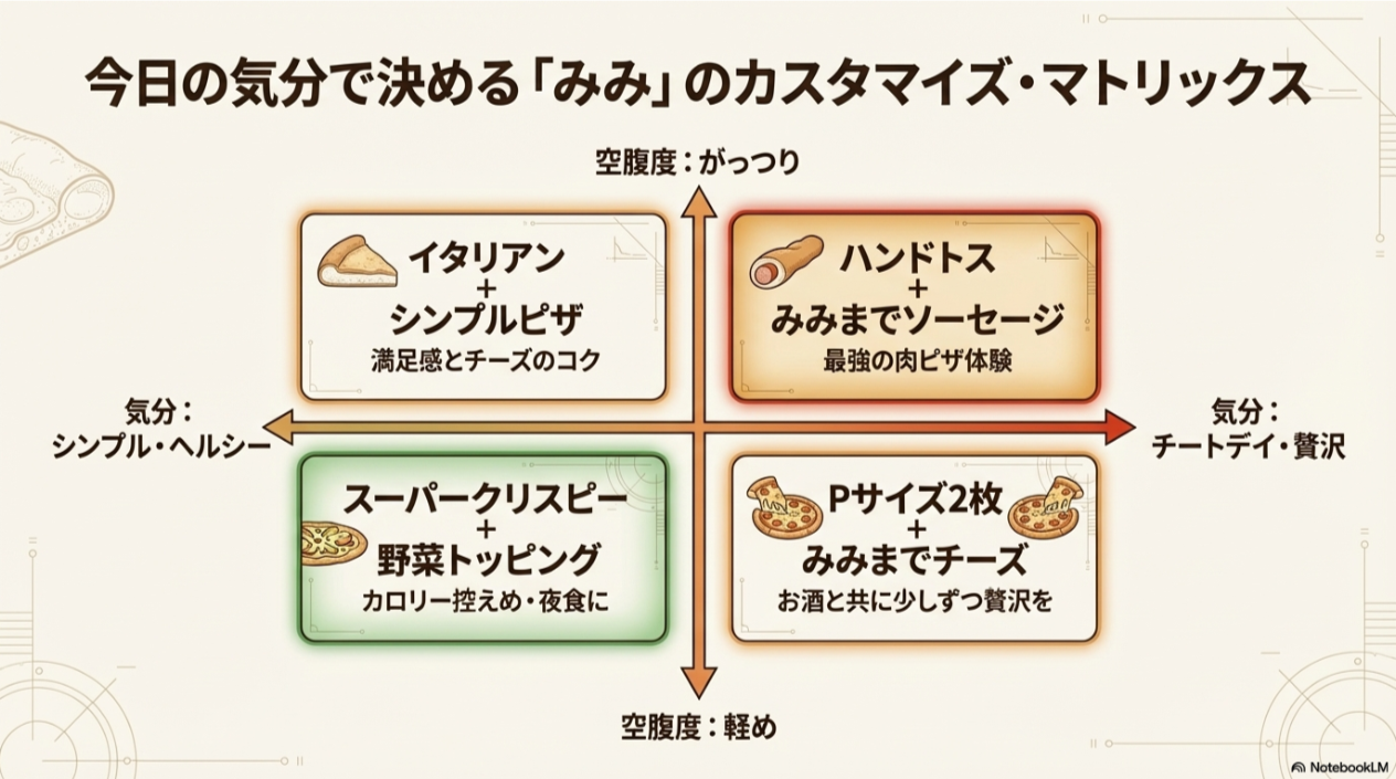 気分(ヘルシー〜贅沢)と空腹度(軽め〜がっつり)に合わせた最適な生地選びのチャート。