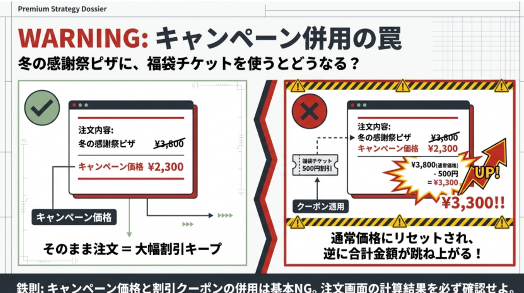 キャンペーン価格のピザに500円割引クーポンを使うと通常価格にリセットされ、逆に合計金額が跳ね上がる失敗例を比較した図。
