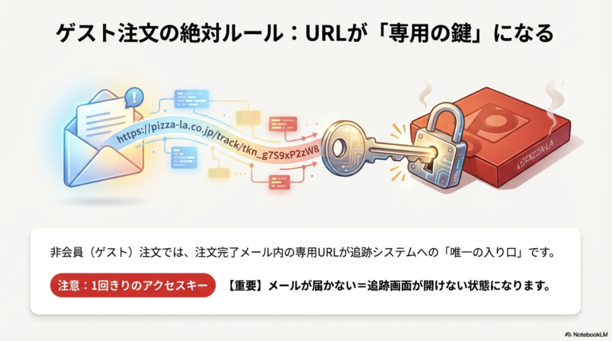ゲスト注文では注文完了メール内のURLが追跡システムへの唯一の入り口(鍵)であり、メールが届かないと追跡できないことを示すイラスト図解。