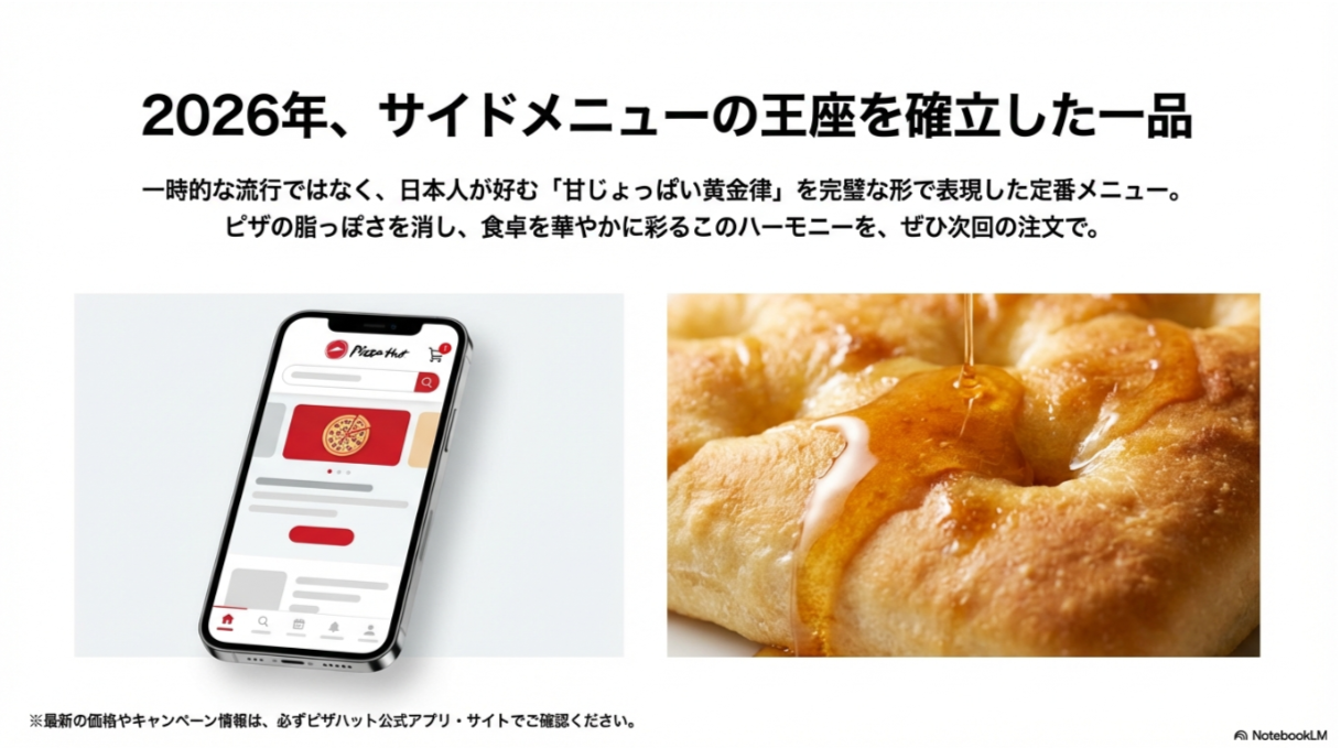 2026年、日本人に好まれる甘じょっぱさの黄金律として定番化したフォカッチャコンボを総括するスライド。