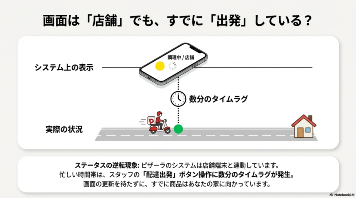 店舗スタッフの操作遅延により、画面上の表示が「店舗」でも実際には既に「出発」している逆転現象の解説図。