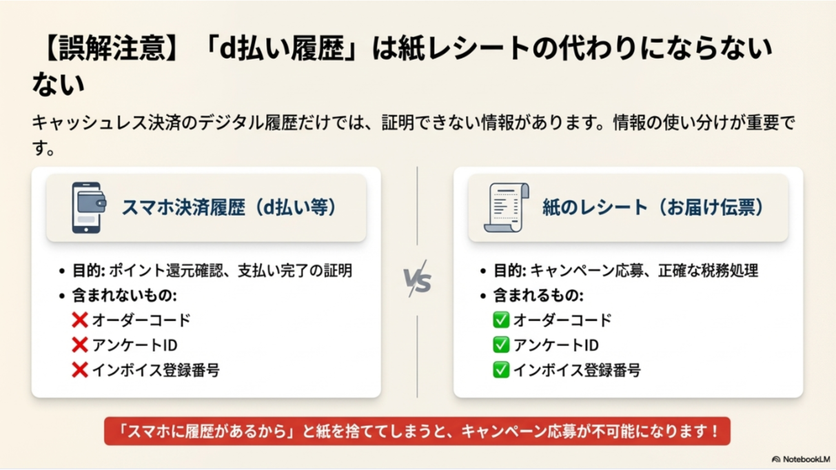 d払い等の決済履歴には「オーダーコード」や「アンケートID」が含まれないため、キャンペーン応募には紙のレシートが必要であることを示す比較表。