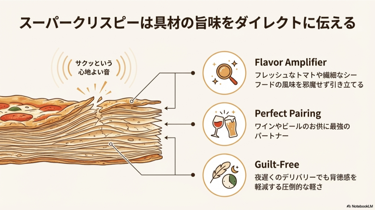 幾重にも重なった極薄レイヤーがサクサクした音と軽さを生む構造を示した図解。