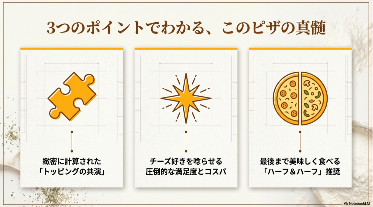 ピザのイラストと共に、「トッピングの共演」「圧倒的な満足度とコスパ」「ハーフ＆ハーフ推奨」という3つの重要ポイントをまとめたスライド。