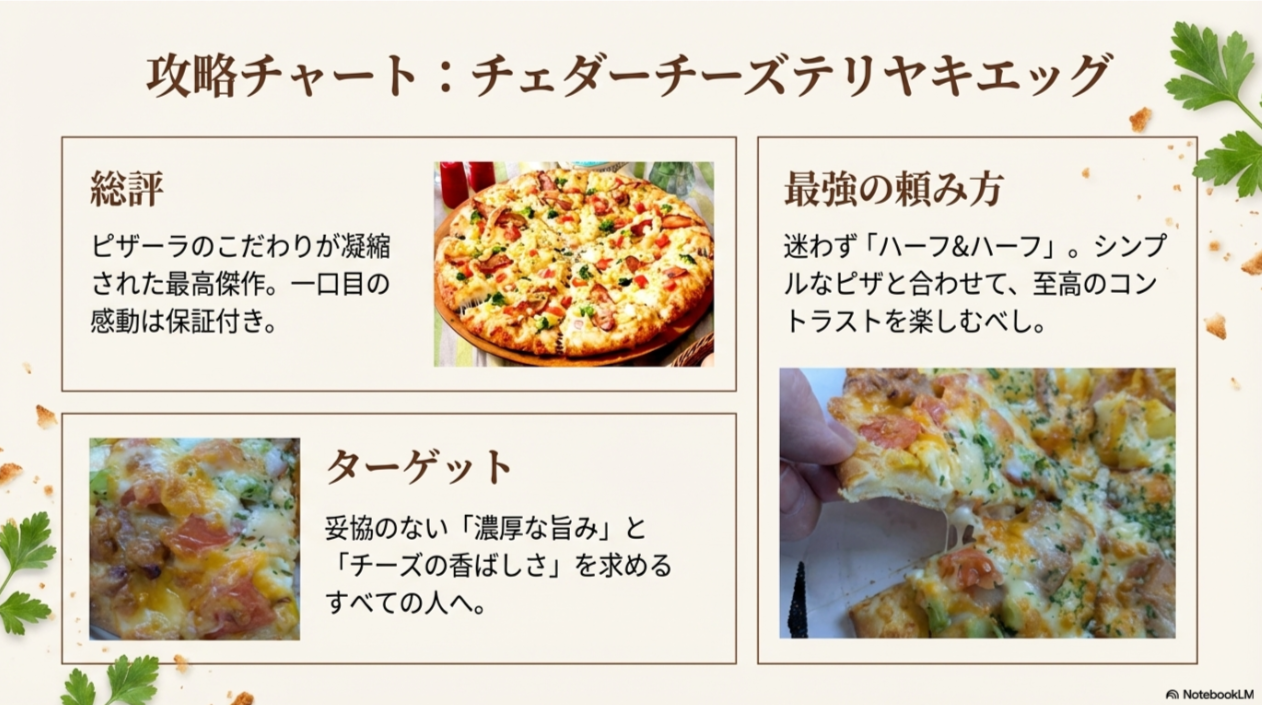 ピザの実物写真と共に、総評、最強の頼み方（ハーフ＆ハーフ）、ターゲット層をまとめた、この記事の結論となるスライド。