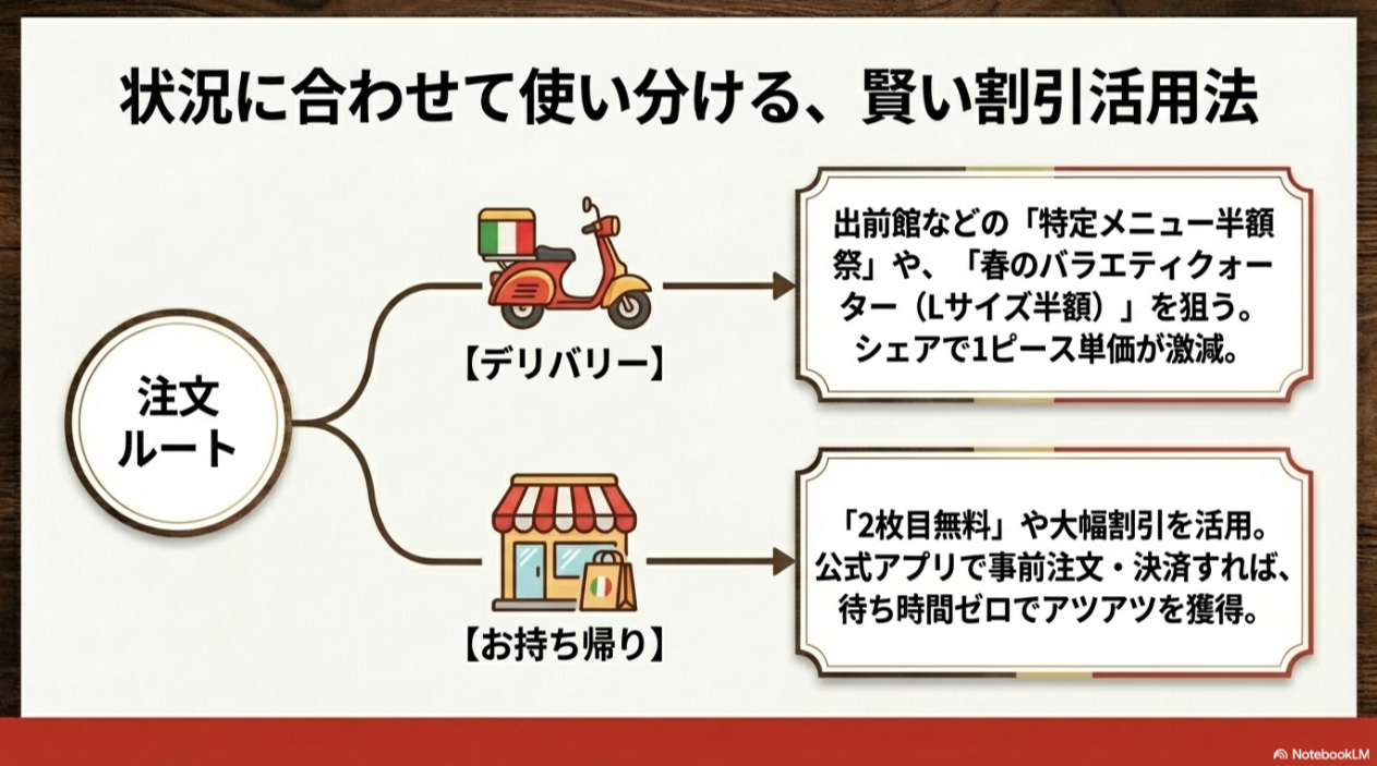 特定メニュー半額祭を狙うデリバリーと、2枚目無料や事前決済を活用するお持ち帰り、それぞれの割引活用術をまとめた比較図。
