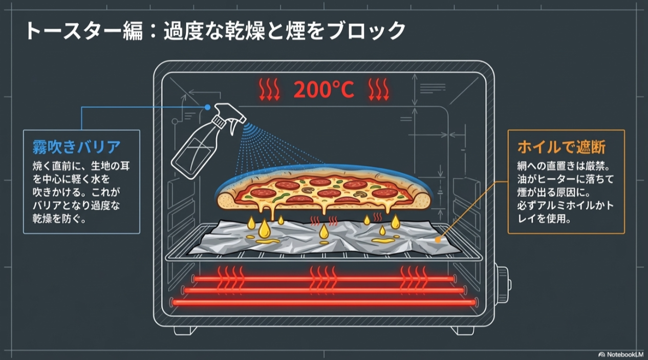 200度のトースター内で、生地の耳に霧吹きをし、アルミホイルを敷いて油落ちを防ぎながら加熱するイメージ図。