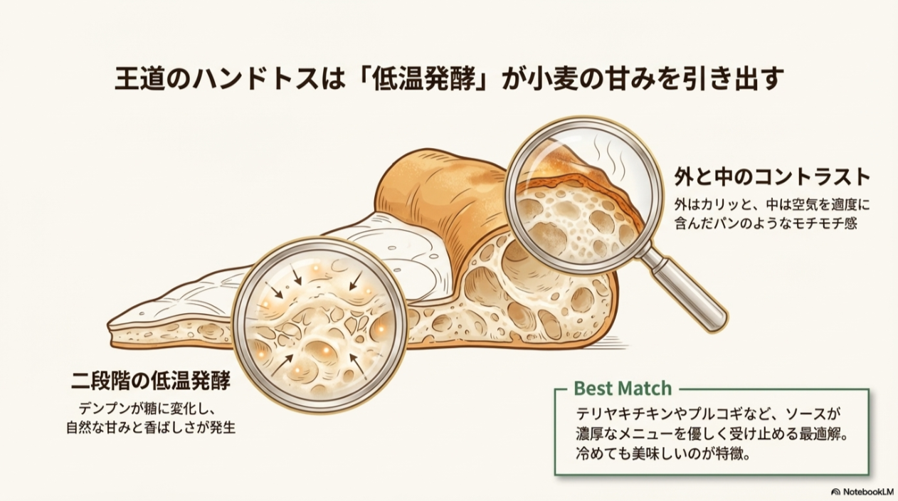 外カリ・中モチの食感と、二段階低温発酵による小麦の甘みを解説したスライド。