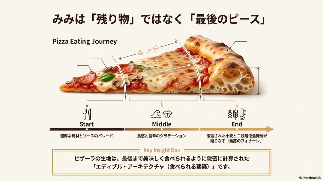 ジャーニー ピザをStart(具材)、Middle(グラデーション)、End(みみのフィナーレ)の3段階で楽しむ道筋を示した図解。