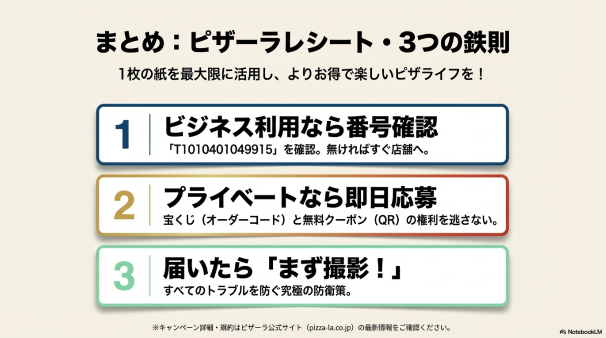 ビジネス利用なら番号確認、プライベートなら即日応募、届いたらまず撮影という、レシート活用を最大化するための3つのまとめ。