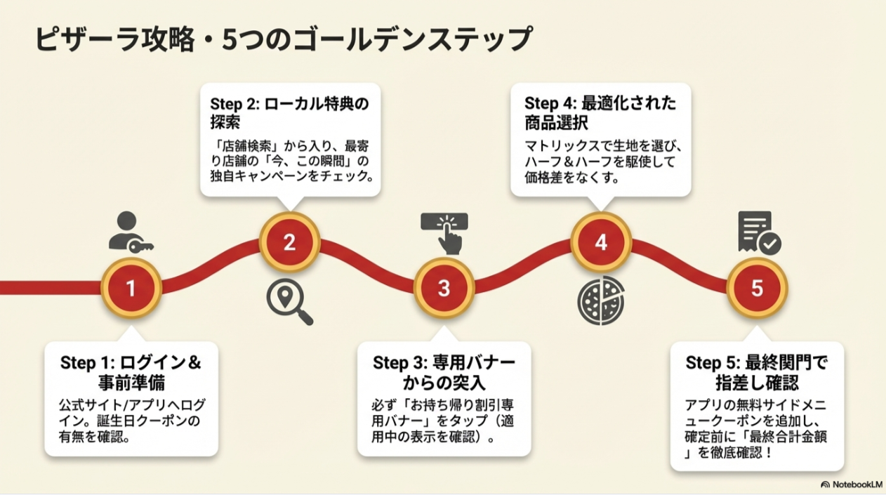 1.ログイン、2.ローカル特典探索、3.専用バナーから突入、4.商品選択の最適化、5.最終確認、という5段階の攻略ステップをまとめた資料。