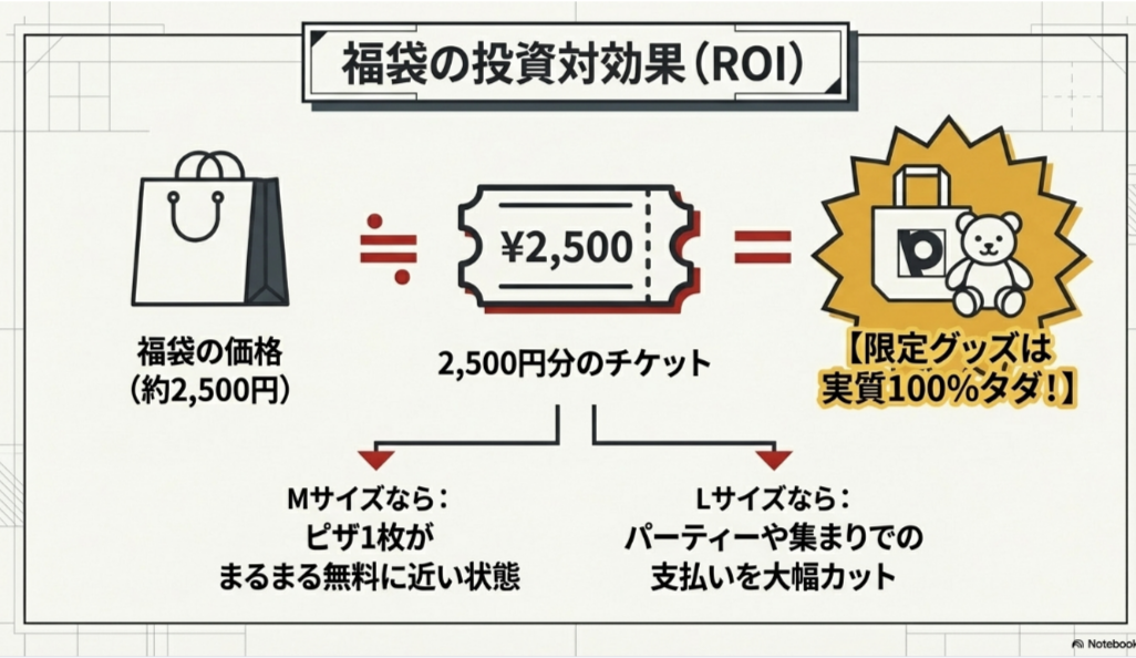 福袋の価格約2,500円に対し、2,500円分のチケットが入っているため、ピザ1枚が実質無料になり、限定グッズがタダ同然になることを示す図解。