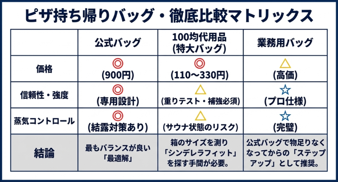 公式バッグ、100均代用品、業務用バッグの3種を価格・信頼性・蒸気コントロール・結論で比較したマトリックス表。