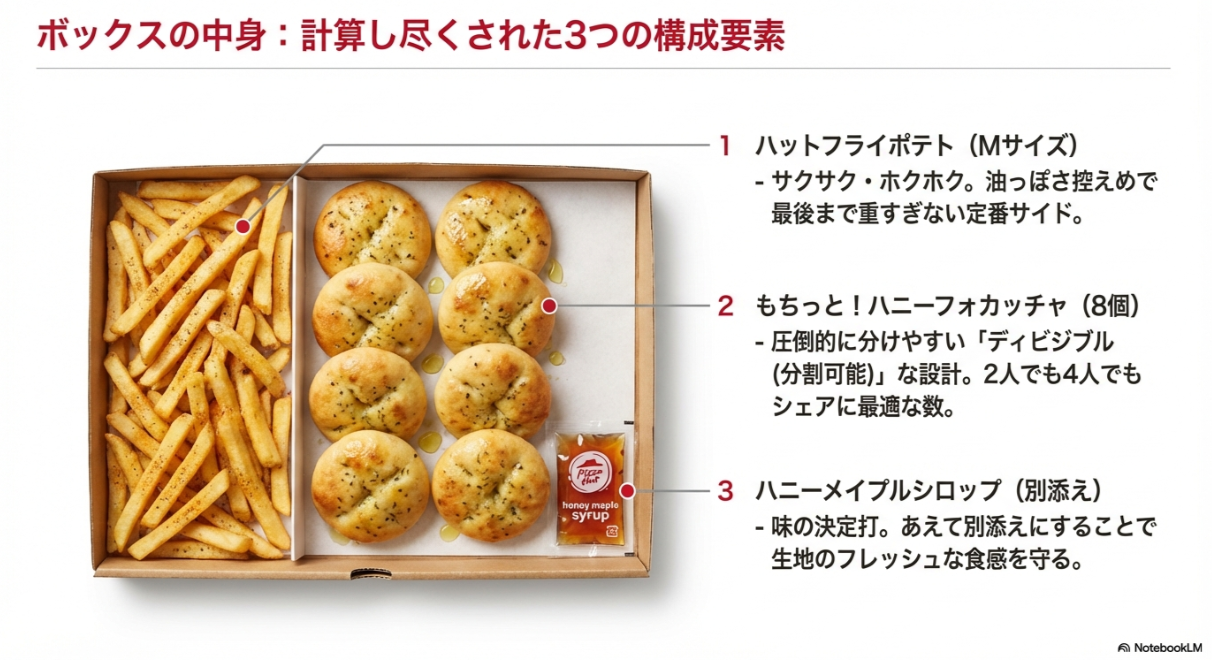 ハットフライポテトMサイズ、ハニーフォカッチャ8個、別添えのハニーメイプルシロップという、ボックスの中身を説明したスライド。