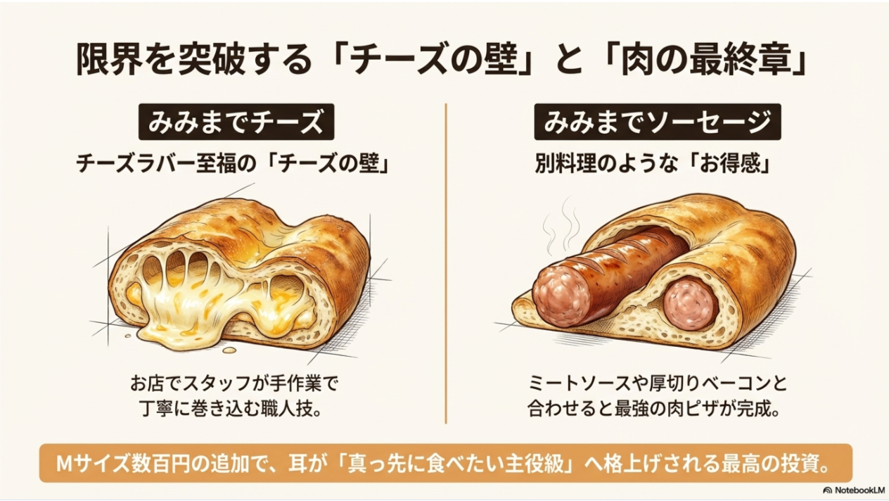 「みみまでチーズ」と「みみまでソーセージ」の断面図。職人が手作業で巻き込む様子を解説。