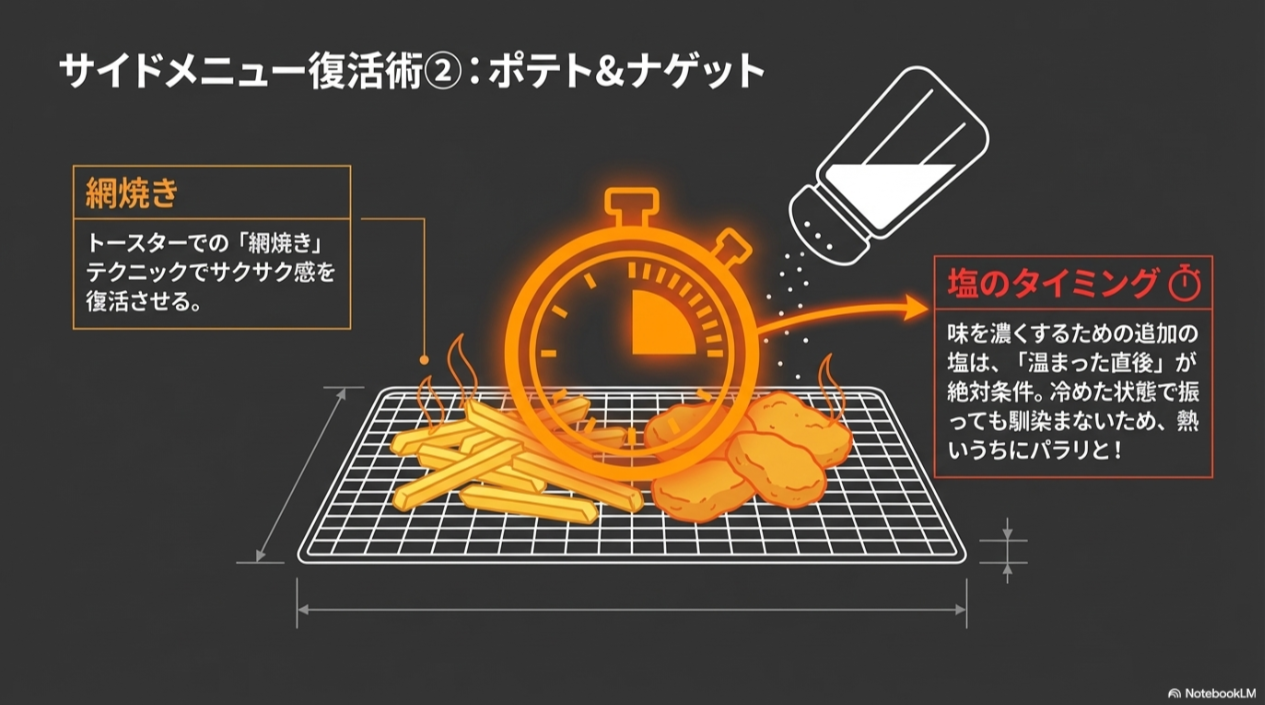 トースターの網焼きでサクサク感を復活させ、温まった直後に塩を振ることで味を馴染ませるテクニックの図解。
