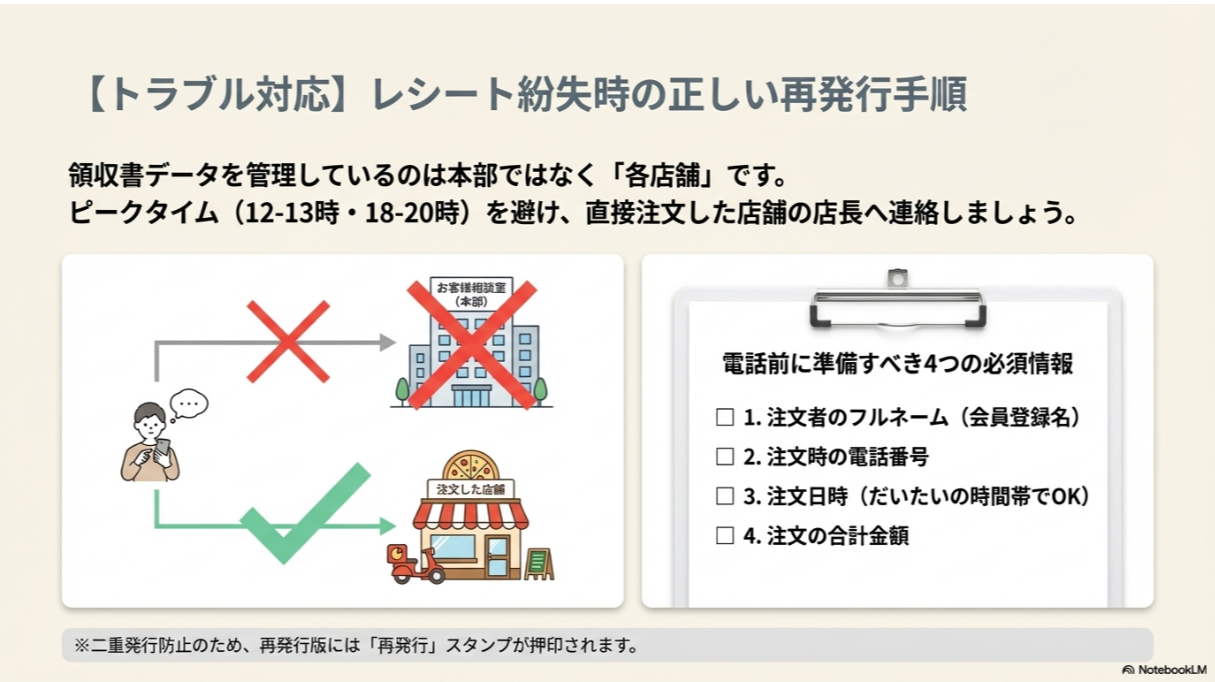 レシート再発行の際、本部の「お客様相談室」ではなく「注文した店舗」へ連絡すべきであることを示す比較図。 