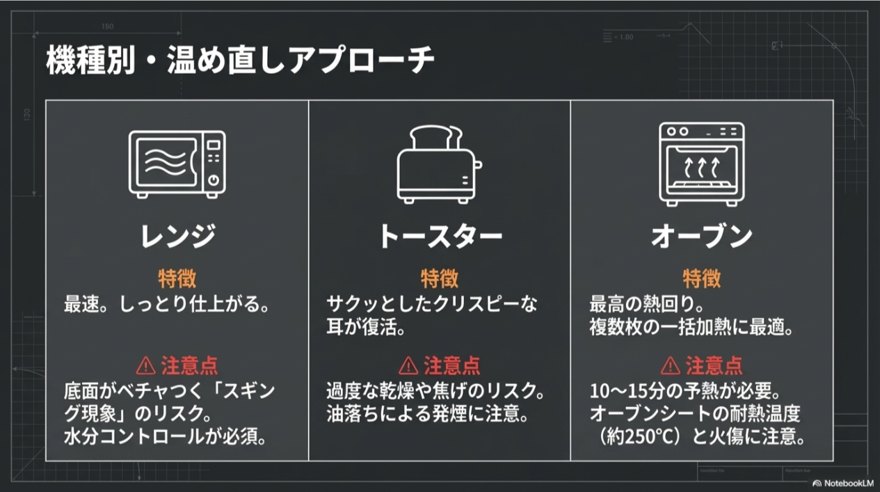 レンジ(最速・しっとり)、トースター(サクッと)、オーブン(最高の熱回り)それぞれのメリットと、スギング現象や乾燥などの注意点をまとめた比較表。