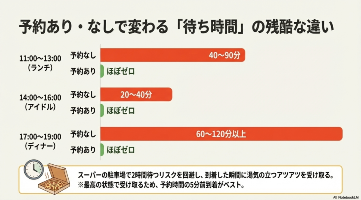 予約なしの場合、ランチで40〜90分、ディナーで60〜120分以上の待ち時間が発生する一方、予約ありなら「ほぼゼロ」で受け取れることを示す比較表。