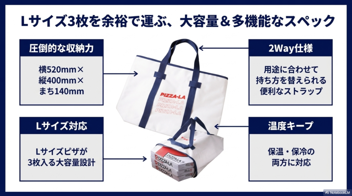バッグのサイズ（横520mm×縦400mm×まち140mm）と、Lサイズピザが3枚入る大容量設計、トートと水平持ちができる2Wayストラップの解説図。