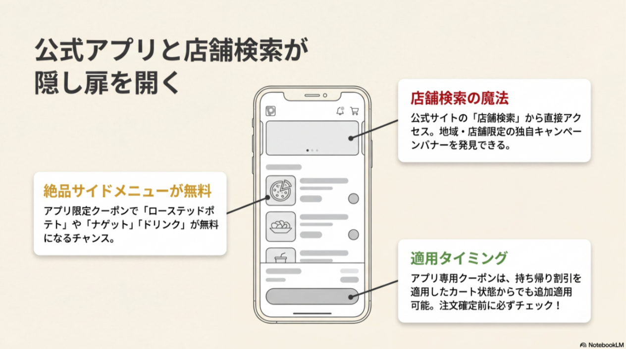 公式アプリの画面イメージ。店舗検索からの独自キャンペーン発見や、アプリ限定のサイドメニュー無料クーポンの適用タイミングを説明している。