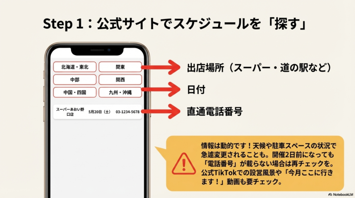 公式サイトのエリア別ボタン（北海道・東北から九州・沖縄まで）と、実際の出店場所、日付、直通電話番号が記載されたスケジュール表のサンプル画像。