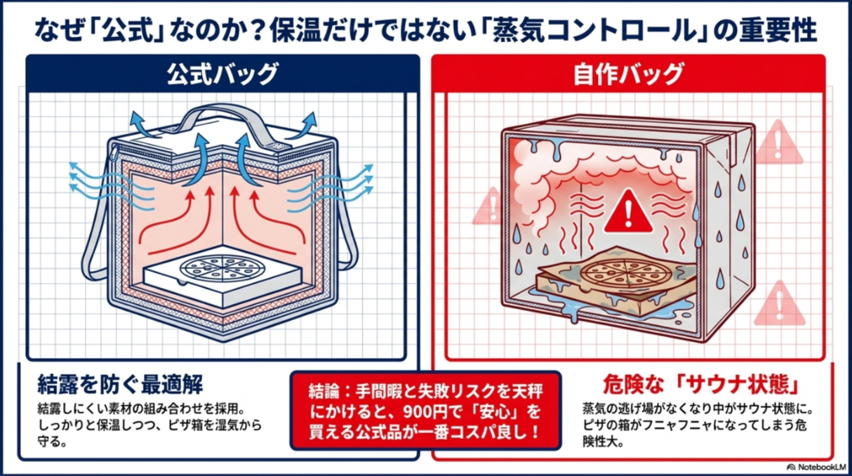 公式バッグは結露を防ぐ素材の組み合わせだが、自作バッグは蒸気の逃げ場がなく「サウナ状態」になり箱がふやけるリスクを図解した比較スライド。