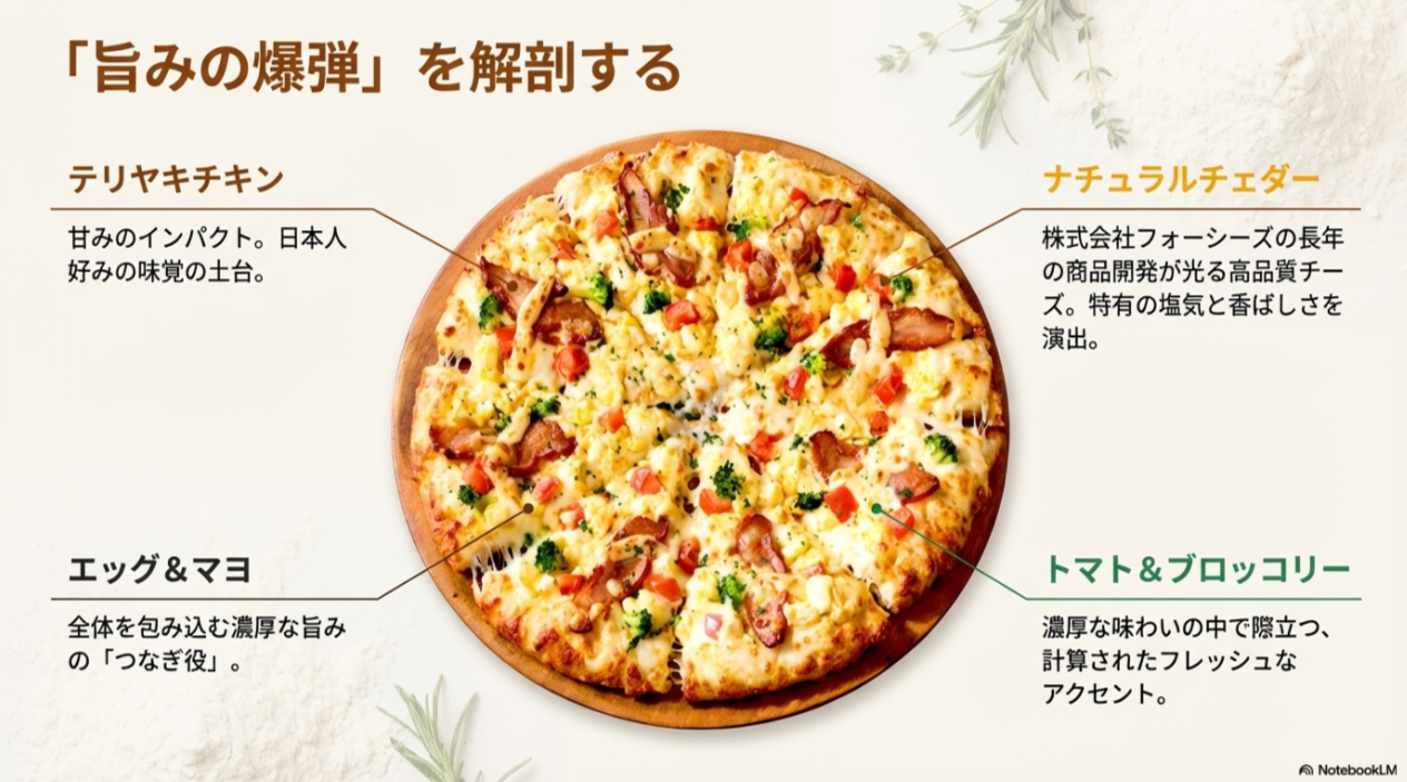 テリヤキチキン、ナチュラルチェダー、エッグ＆マヨ、トマト＆ブロッコリーの各具材が持つ役割と特徴を解説した構成図スライド。