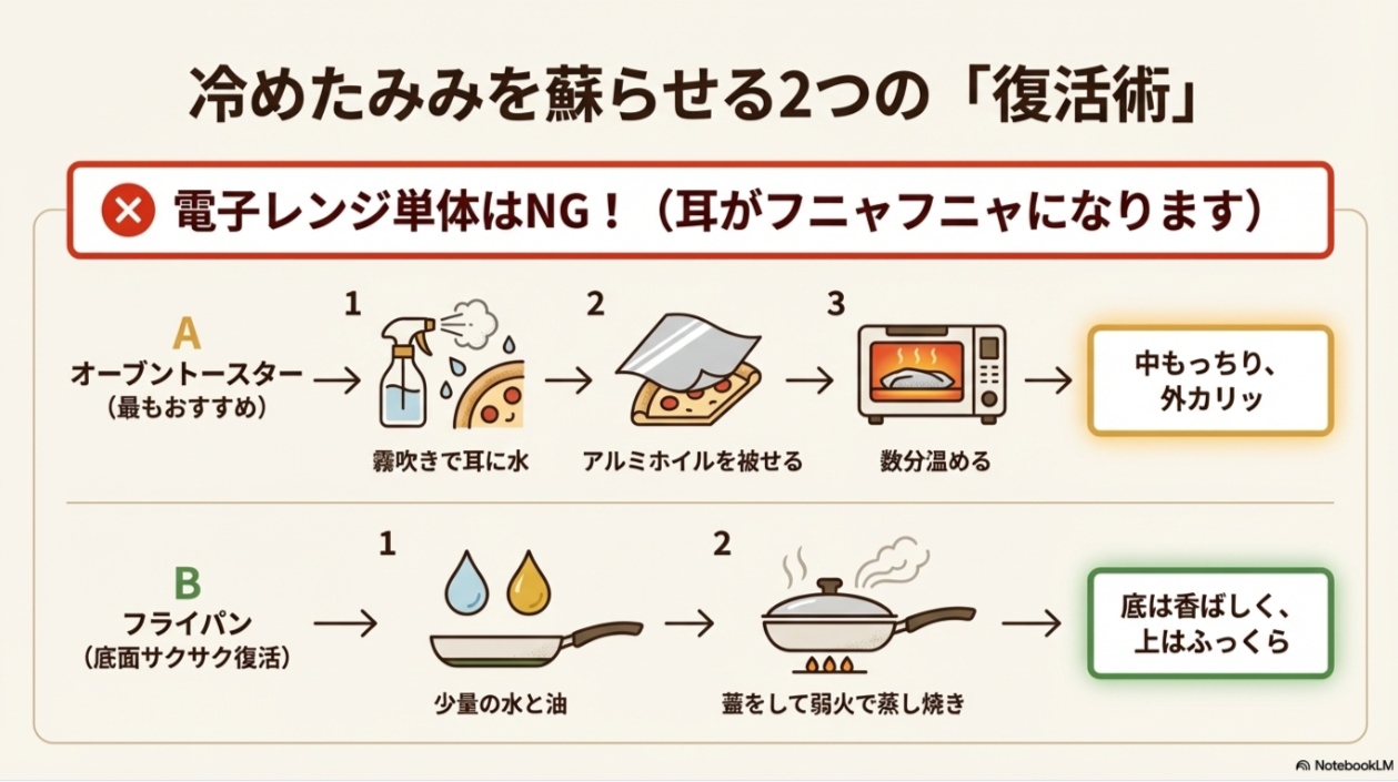 オーブントースター(霧吹き+アルミ)とフライパン(蒸し焼き)による2つの温め直し手順。