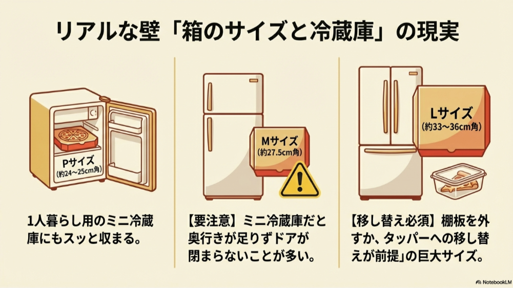 ミニ冷蔵庫に収まるPサイズ、奥行きが足りないMサイズ、巨大なLサイズの箱と冷蔵庫を並べた比較イラスト。